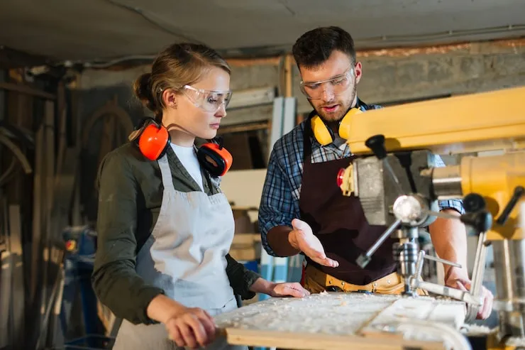 Ausbilder erklärt einer Auszubildenden einen Arbeitsschritt in der Werkstatt