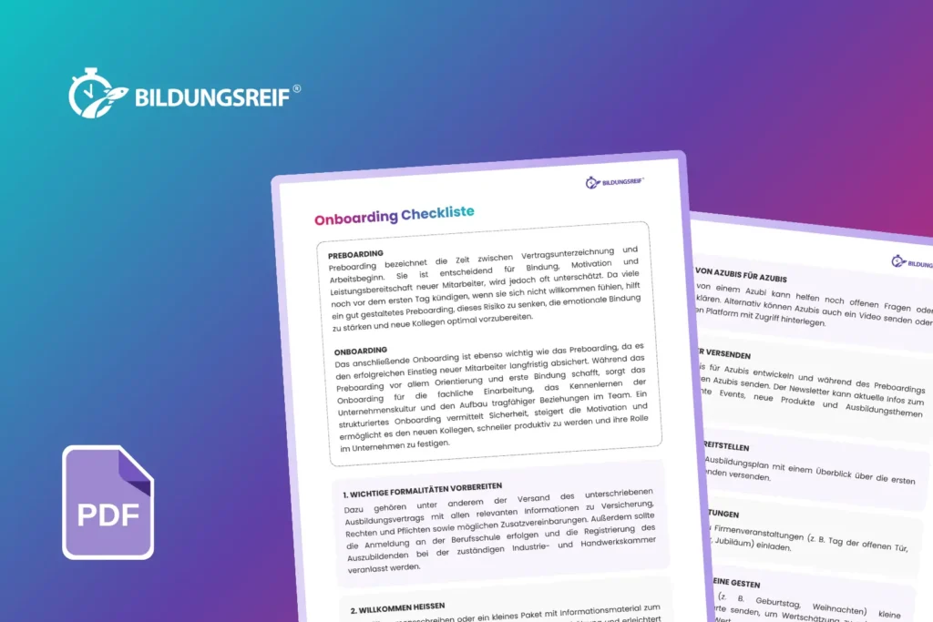 Onboarding-Checkliste für Auszubildende mit allen wichtigen Schritten zur erfolgreichen Einarbeitung und Integration im Betrieb – Teil der Ausbildungstoolbox.