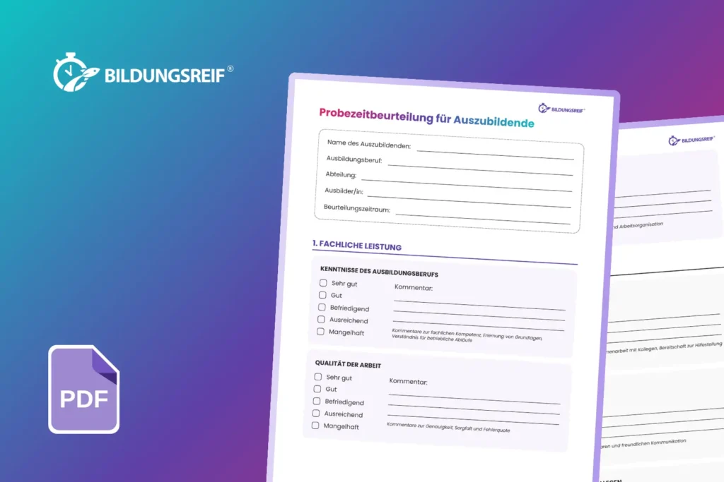 Probezeitbeurteilung für Auszubildende mit Bewertungskriterien zu Leistung, Verhalten und Entwicklung – professionelle Vorlage aus der Ausbildungstoolbox.
